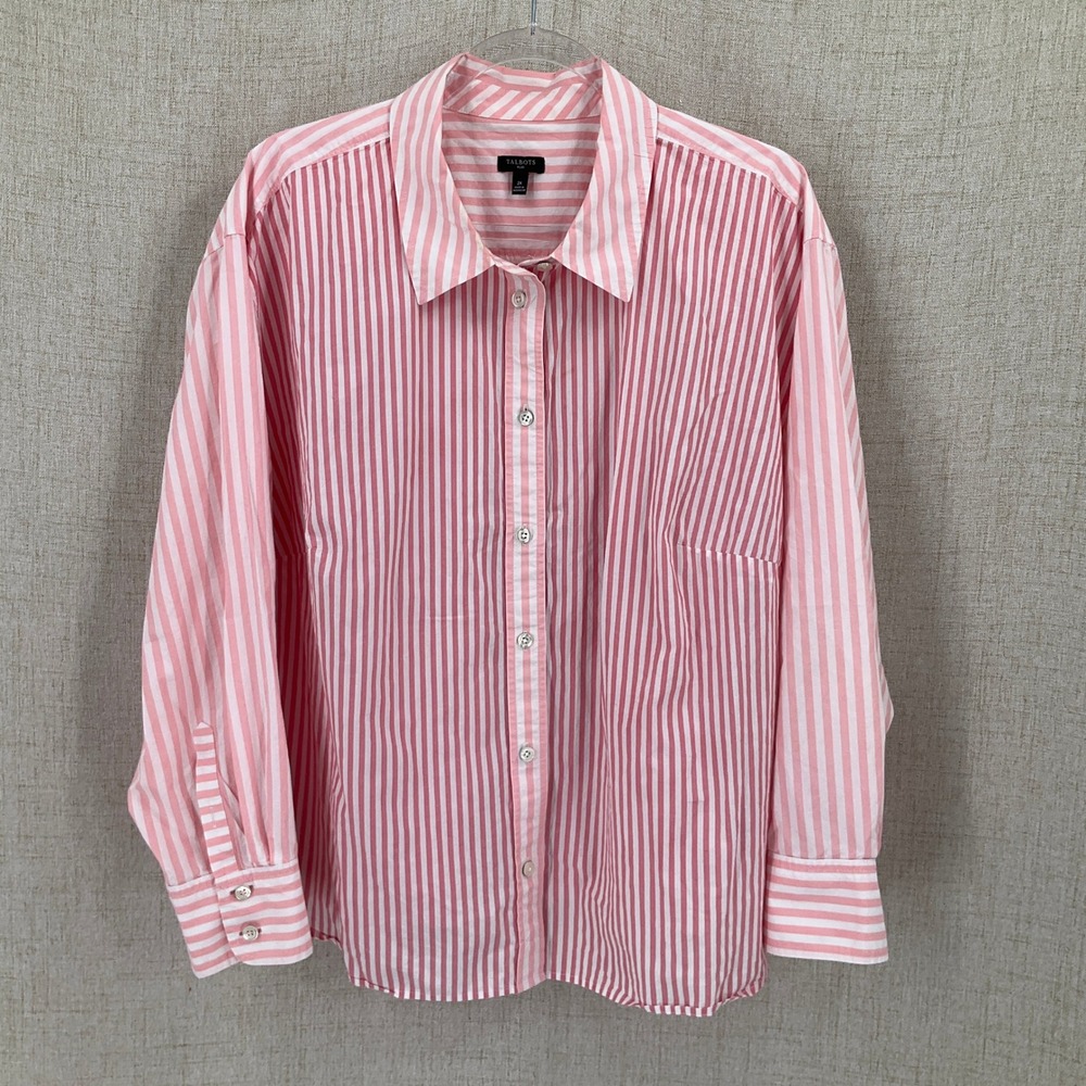 Talbots Button Down Women 2X Pink Striped Classic Preppy Cotton Shirt Coastal